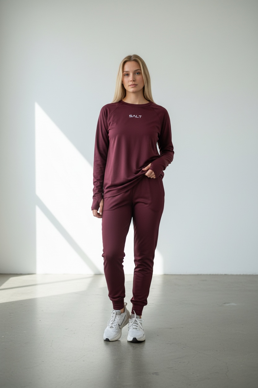 SALT Apparel Zipped Cuff Jogger & Womens LS Raglan in Burgundy SALT Apparel Zipped Cuff Jogger & Womens LS Raglan in Burgundy