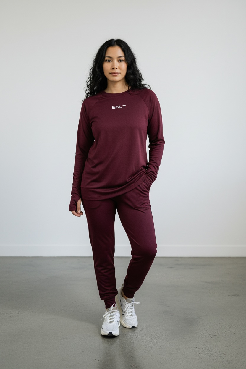 Womens LS Raglan & Zipped Cuff Jogger in Burgundy Womens LS Raglan & Zipped Cuff Jogger in Burgundy
