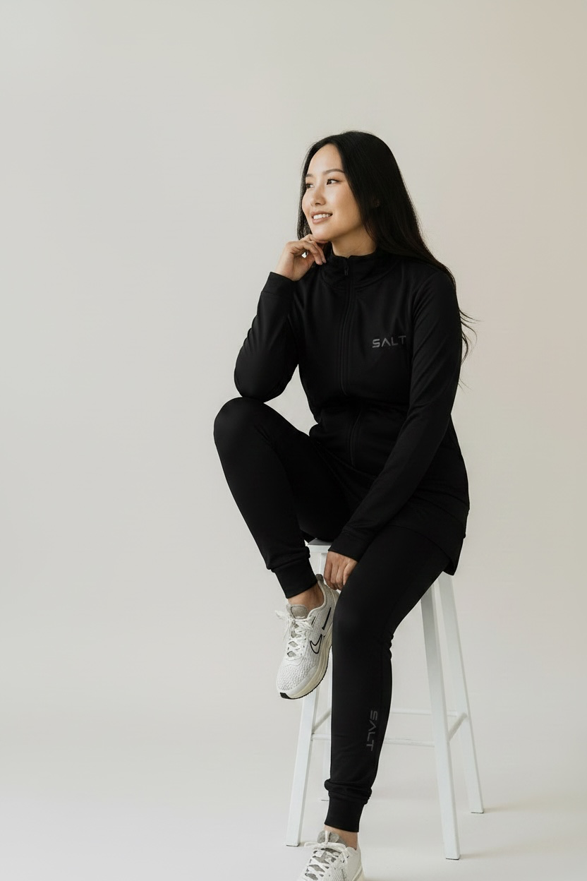 Womens essential zip track top and cuff pants in black Womens essential zip track top and cuff pants in black