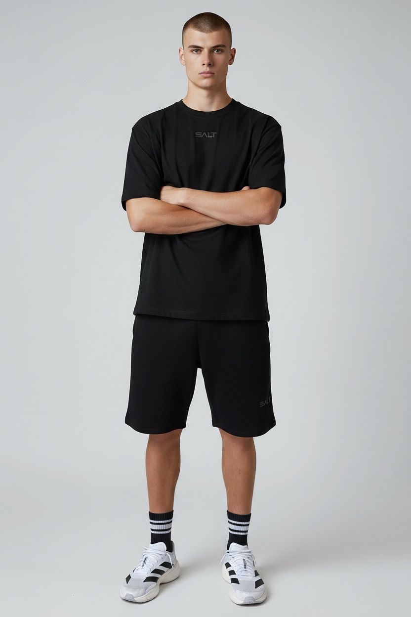 mens essential black t-shirt with black track shorts mens essential black t-shirt with black track shorts