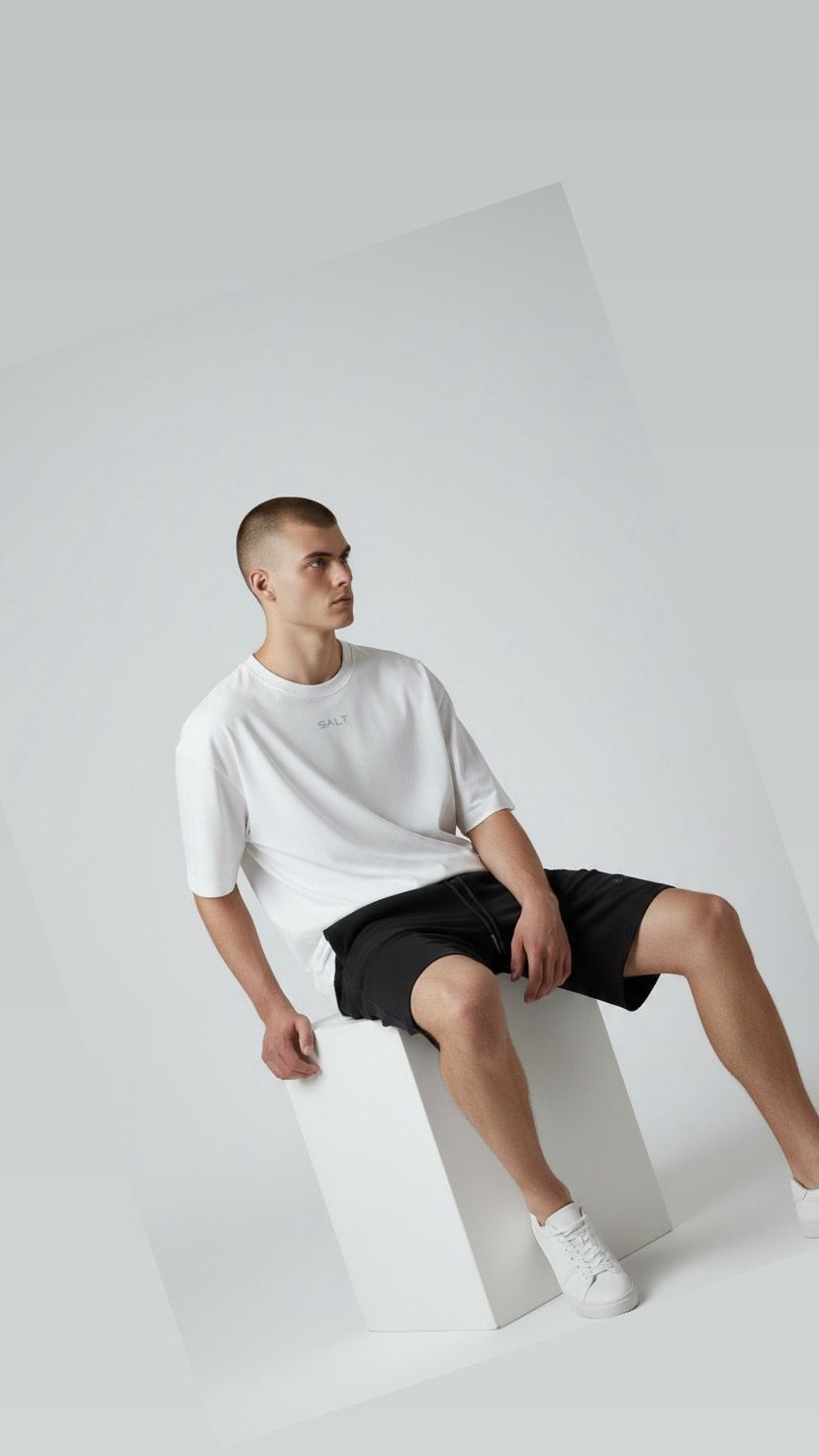 mens essential t-shirt in white with black track shorts mens essential t-shirt in white with black track shorts