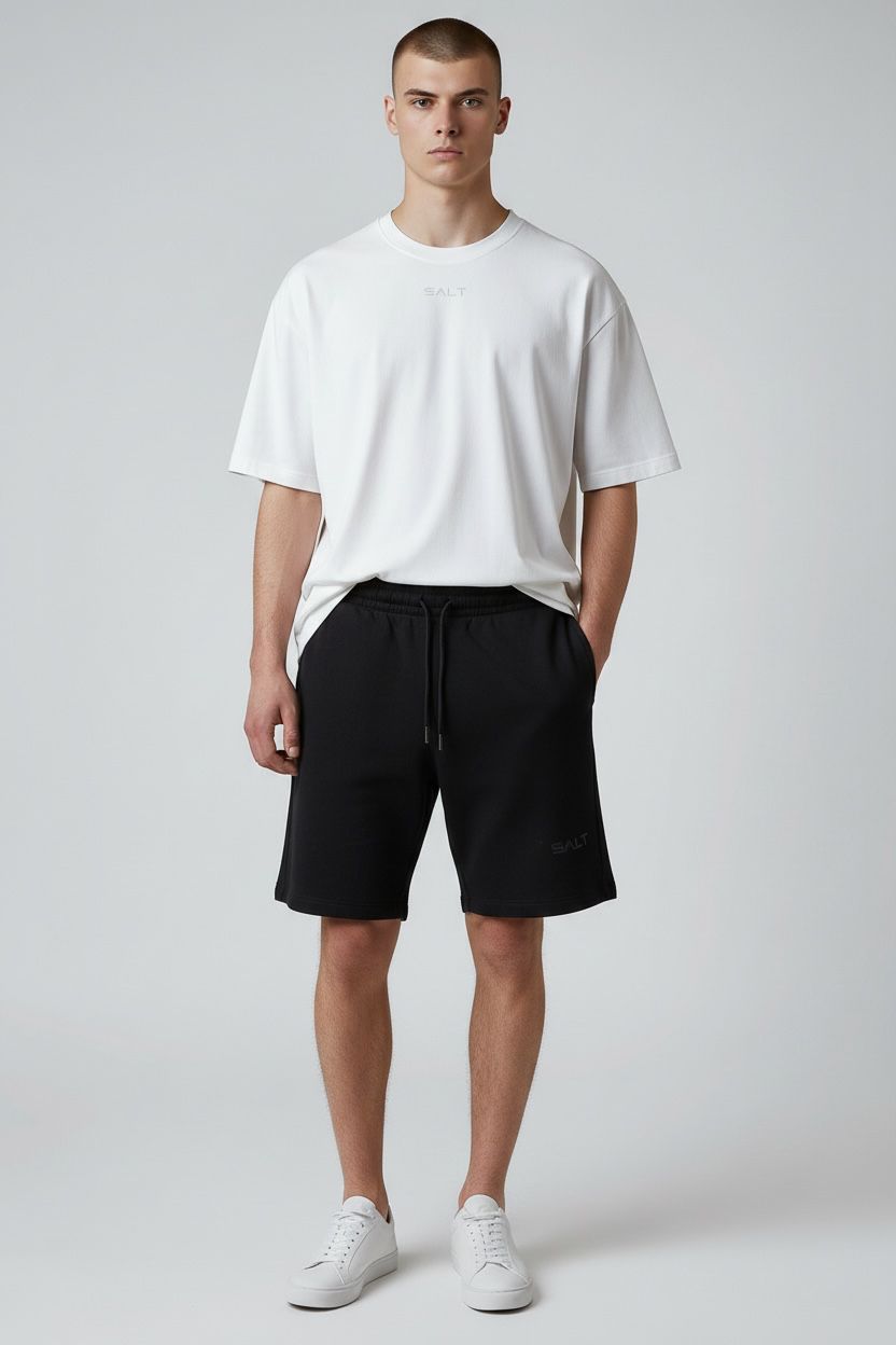 mens essential white t-shirt with black track shorts mens essential white t-shirt with black track shorts